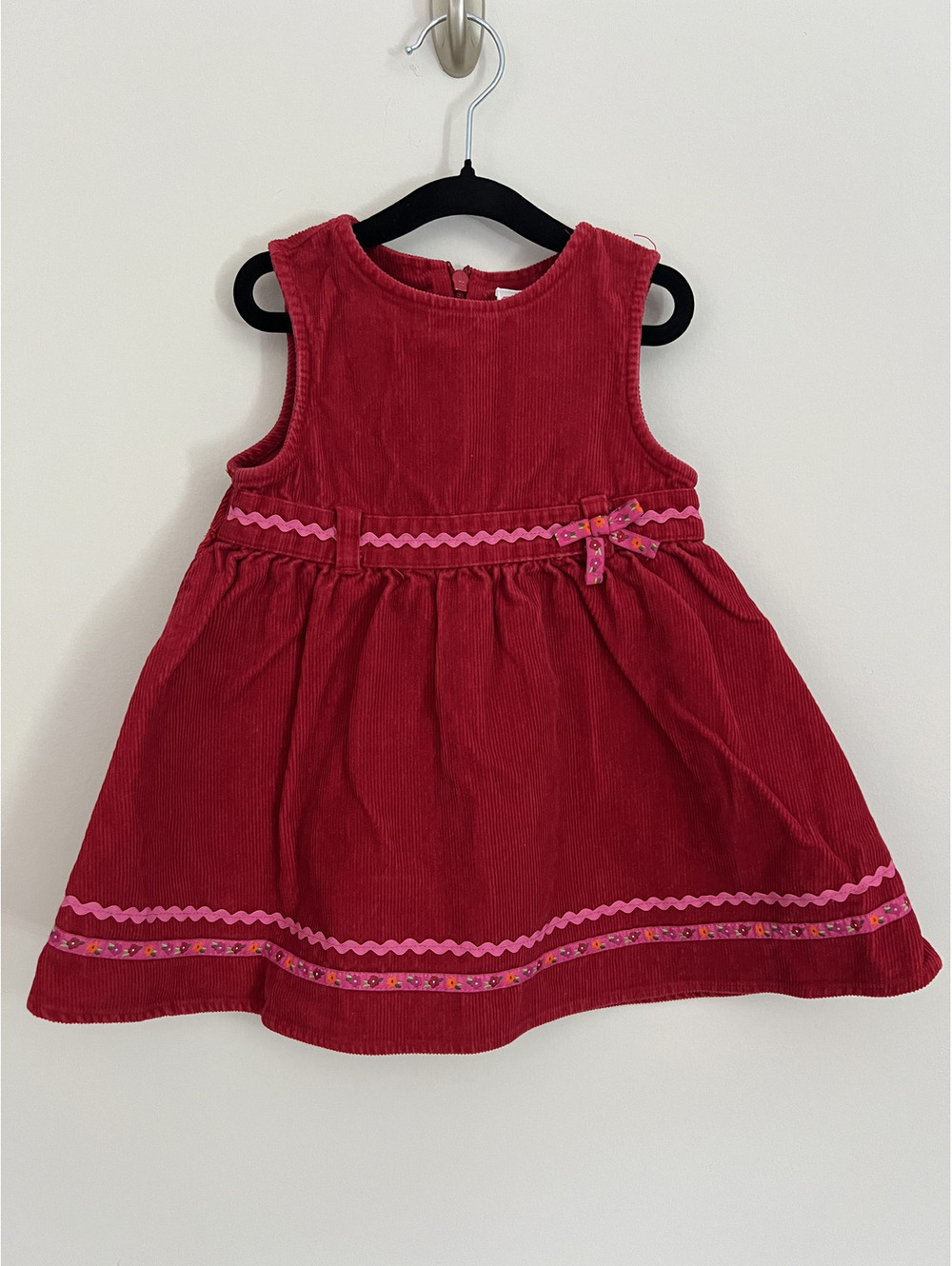 Vintage Y2K 2006 Gymboree Red Corduroy Pink Floral Detail Ribbon Dress